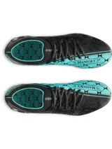 Championes de fútbol Under Armour UA Magnetico Elite Mansory, color negro con detalles en verde menta. Presentan parte superior UA Clone con impresión 3D, cuello de punto y suela con tacos mixtos para superficies naturales firmes.