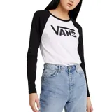 Remera blanca de manga larga con mangas raglán negras y logo Vans "Flying V" estampado en el pecho.