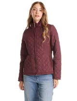 Campera capitoneada azul marino con diseño de rombos y paneles laterales elásticos para un ajuste entallado. Presenta cuello alto, cierre frontal completo y bolsillos laterales con cierre.