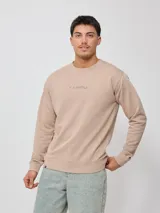 Sweater color arena con logo Rusty estampado en el pecho, de corte regular fit.