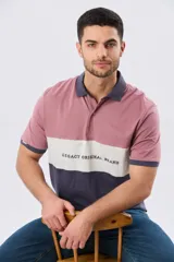 Remera polo de manga corta con diseño en bloques de color en tonos azul marino, blanco y verde militar, con bordado frontal y cierre de botones.