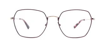 Armazón de metal color borgoña con forma geométrica y detalles dorados en el puente y las patillas.