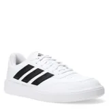 Championes urbanos Adidas Courtblock, color blanco con las icónicas tres tiras laterales en negro. Presentan un diseño de corte bajo con cierre de cordones, puntera perforada para mayor ventilación y suela de goma resistente.