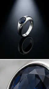Anillo de plata con diseño de sello y cristal azul facetado en forma ovalada.