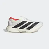 Championes de running Adidas Adizero Adios Pro 4, color blanco con detalles en negro, amarillo y rojo.