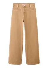 Jeans de corte wide leg y tiro medio en color tostado, con diseño de perneras abuchonadas y bolsillos delanteros simulados.