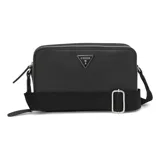 Bandolera negra rectangular de PVC con doble compartimento con cierre superior y correa ancha de tela con hebilla metálica. Lleva el logo triangular de Guess en el frente.