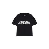 Remera negra oversize de manga corta, con cuello redondo y estampado gráfico frontal en color blanco con el logotipo de la marca.