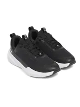 Championes de entrenamiento Under Armour Project Rock BSR 5, color negro con suela blanca. Presentan una parte superior de malla transpirable con refuerzos sintéticos, mediasuela Charged Cushioning para amortiguación reactiva y tecnología UA TriBase para mayor estabilidad y contacto con el suelo.