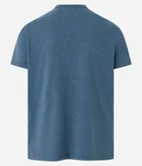 Remera azul de manga corta con cuello redondo y estampa de un círculo con una montaña en el centro.