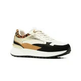 Championes sneakers Korium modelo Maia, con diseño multicolor que combina negro, tostado, blanco, detalles metalizados en dorado y talón con estampado animal print. Presentan suela gruesa y cordones blancos.