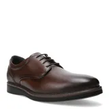 Zapato de vestir tipo derby, confeccionado en cuero marrón con textura granulada, cordones al tono y suela de goma con detalle de costura perimetral.