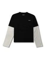 Remera negra de manga corta con cuello redondo y mangas largas de punto color gris claro.