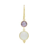 Aros colgantes de plata 925 bañada en oro 18k con dos piedras redondas: una amatista y una piedra de la luna.
