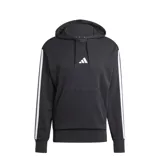Canguro Adidas Essentials Pocket negro con capucha, cordones ajustables y bolsillo tipo canguro. Presenta el logo de Adidas bordado en blanco en el pecho y las tres tiras blancas características de la marca en las mangas.
