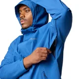 Campera impermeable Columbia con tecnología Omni-Tech, diseñada para senderismo. Presenta capucha ajustable, cierre frontal con solapa, ventilación en axilas, bolsillos con cremalleras resistentes al agua y puños ajustables.