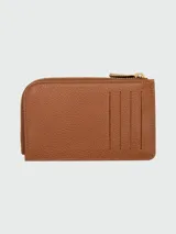 Tarjetero Longchamp de la línea Le Foulonné, confeccionado en cuero granulado negro. Presenta un diseño compacto con cierre superior de cremallera metálica dorada y logo de la marca grabado en el frente.