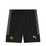 Short deportivo Puma del Club Atlético Peñarol, color negro con detalles laterales en gris oscuro con patrón geométrico. Incluye el escudo del club en la pierna derecha y el logo de Puma en la pierna izquierda.