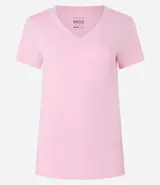 Blusa básica de algodón con cuello en V, manga corta y un pequeño bolsillo frontal. Diseño liso y versátil.