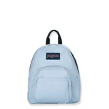 Mochila JanSport Half Pint, color celeste, compacta y liviana, con un compartimento principal, un bolsillo frontal con cierre y asa de mano en la parte superior.
