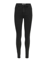 Jean skinny de tiro alto con diseño de cinco bolsillos y cierre frontal con botón y cremallera. Confeccionado en denim elástico con acabado desgastado.