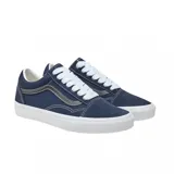 Championes Vans modelo Old Skool, de color azul marino con la icónica franja lateral en gris. Presentan cordones blancos, suela de goma blanca con la característica textura waffle y costuras reforzadas en contraste.