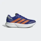 Championes de running Adidas modelo Duramo Speed 2, color azul con las icónicas tres tiras en naranja. Presentan una parte superior de malla técnica transpirable, amortiguación Lightstrike para mayor rendimiento y suela de TPU que ofrece tracción en diversas superficies.