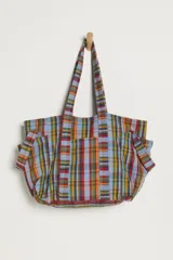 Bolso tote de tela con estampado de cuadros multicolor, gran capacidad, doble asa de hombro y bolsillos laterales.