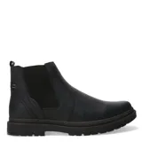 Botas tipo Chelsea de cuero negro con paneles elásticos laterales y suela de goma dentada. Diseño de punta redonda y estilo casual.