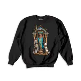 Buzo negro de cuello redondo con estampado frontal de la diosa egipcia Bastet acompañada de dos gatos, en tonos azules y dorados.