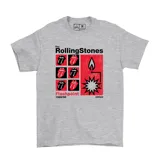 Remera de algodón gris jaspeado con estampa frontal gráfica de The Rolling Stones, modelo Flashpoint 1989/90, con diseño de labios icónicos y una bomba con mecha encendida.