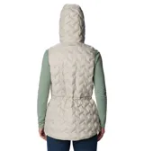 Chaleco acolchado Columbia con tecnología HeatSeal y forro termorreflectivo Omni-Heat. Presenta diseño sin costuras, capucha integrada, cierre frontal con cremallera, bolsillos laterales con cierre y protección en la barbilla.