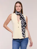 Pashmina cuadrada de satén marca Jessica McClintock, con diseño geométrico en tonos negro y blanco.