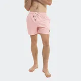 Short de baño rosado con estampado floral blanco, cintura elastizada con cordón ajustable.