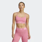 Bralette deportivo Adidas Hyperglam color rosado, con tirantes finos ajustables y banda elástica inferior con logo.