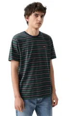 Remera de manga corta Levi's con diseño de rayas horizontales en tonos verdes, azules y blancos. Presenta cuello redondo en color azul marino y el logo de la marca bordado en el pecho.