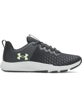 Championes de entrenamiento Under Armour Charged Engage 2, color negro con detalles en verde lima y suela blanca. Presentan parte superior transpirable con estampado 3D, refuerzos de TPU en el talón y entresuela Charged Cushioning para mayor amortiguación y respuesta.