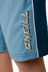 Short de baño técnico O'Neill Why2k de diseño bicolor en tonos azul y celeste, con cordón de ajuste blanco en la cintura y el nombre de la marca impreso en la pierna.