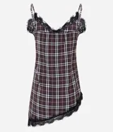 Blusa sin mangas de viscosa con estampado de cuadros, breteles finos ajustables y aplicación de encaje en el escote y en el ruedo asimétrico.