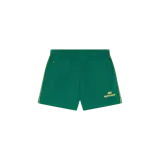 Short deportivo verde de Eme Studios, modelo Somm Bossa, con bolsillos laterales con cierre, cordón ajustable en la cintura y líneas laterales amarillas. Cuenta con el logo y nombre de la marca bordados en amarillo en la pierna izquierda.
