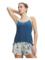 Musculosa deportiva Under Armour Vanish Racerback de color azul, con diseño sin mangas, cuello redondo y espalda deportiva con tiras en contraste.