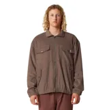 Campera de pana color marrón con cierre frontal, cuello clásico, puños elásticos y bolsillos frontales con solapa.