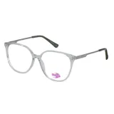 Armazón de anteojos MDQ modelo GZ09, con frente de acetato transparente y patillas metálicas en tono gris con terminales en color verde musgo.