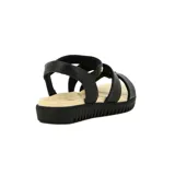 Sandalias Comfortflex para mujer, confeccionadas en cuero color negro con diseño de tiras cruzadas y pulsera con ajuste elástico en el talón. Poseen suela baja y plantilla anatómica en tono beige.