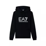 Sudadera con capucha (canguro) de color negro, con bolsillo canguro frontal y cordones ajustables en la capucha. Presenta el logo grande de EA7 Emporio Armani en blanco en el pecho.
