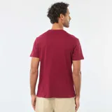 Remera de cuello redondo y manga corta color bordó, con estampado gráfico pequeño en el pecho que incluye logotipos de estilo automotriz.