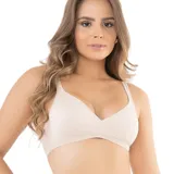 Soutien tipo bralette color beige, sin aro y sin relleno, con copas triangulares y breteles finos. Incluye elástico personalizado con la marca Del Rio.