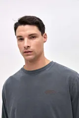 Remera manga larga de algodón lavado con textura suave, color gris oscuro, con estampado pequeño en el pecho y estampado en la manga.