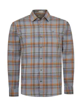 Camisa de manga larga con estampado de cuadros en tonos azules, naranjas y marrones. Confeccionada en algodón orgánico, presenta cuello italiano, cierre frontal con botones y logo bordado en el pecho.