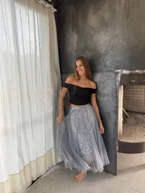 Pollera midi de tul gris con lentejuelas plateadas brillantes. Presenta una cintura elástica y una caída amplia con movimiento.